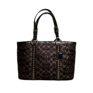 Coach Signature C Studded Metallic Brown Jacquard Leather Tote Y2K Bag